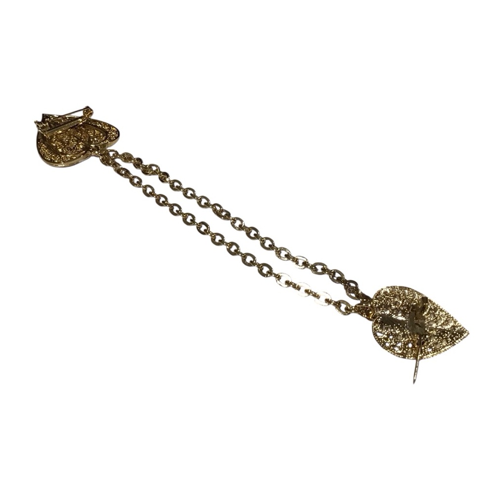 Double Heart Brooch Gold Tone Chain Filigree Blazers Lapel Costume Jewelry Vtg - Picture 8 of 11